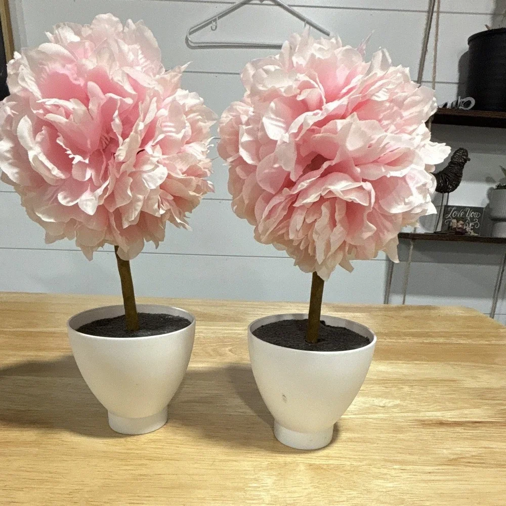 Set of 2 Pink & White Artificial Potted Tree Topiary Flowers w/ White Pots